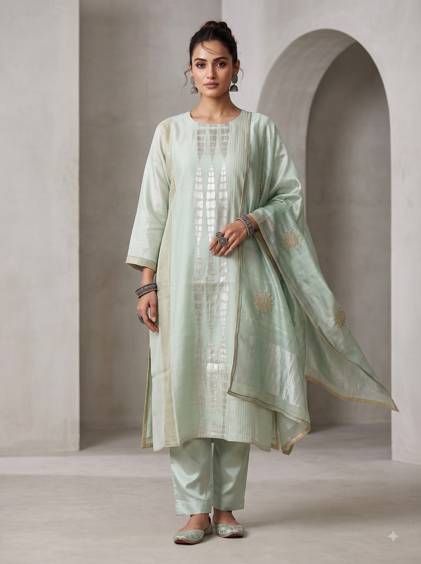 Semi Stitched Chanderi Formal Suitset