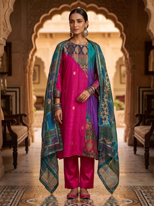 Semi Stitched Chanderi Formal Suitset
