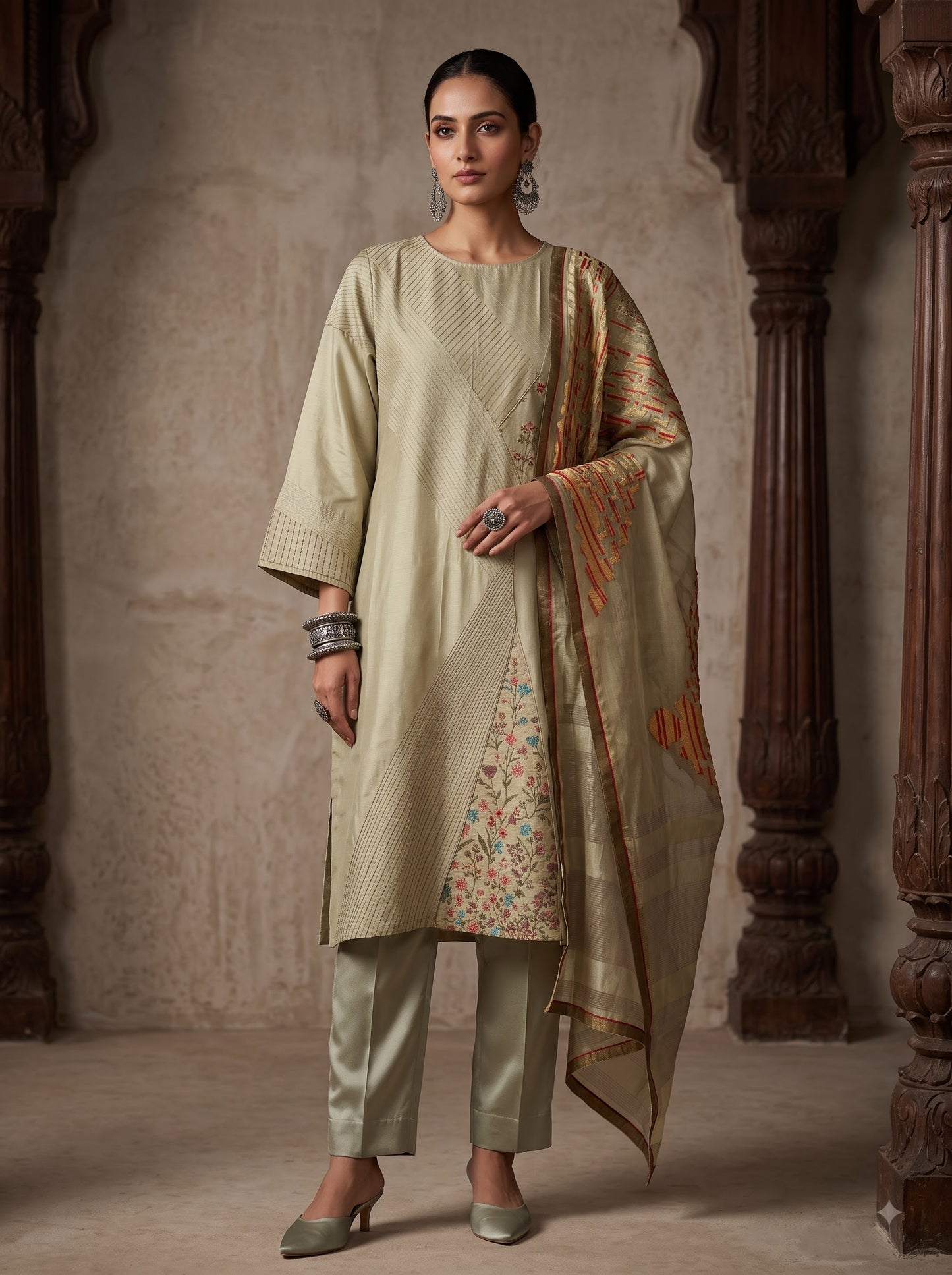 Semi Stitched Chanderi Formal Suitset