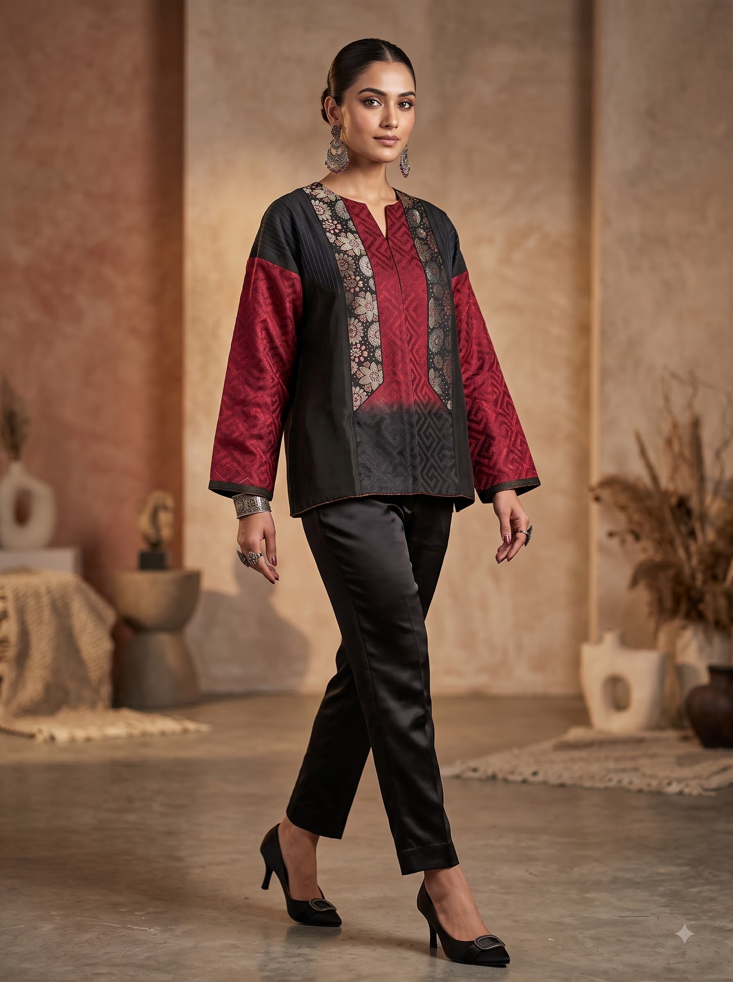 Semi Stitched Chanderi Ajrak Short Tunic