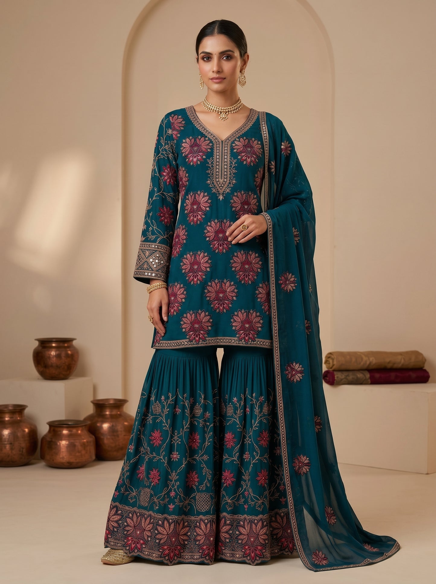 Emerald Green Floral Embroidered Georgette | Couture Sharara Set