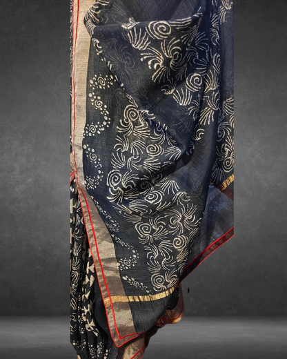 Block Printed Pure Silk linen kota Saree VISHAL KAPUR STUDIO