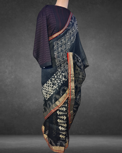 Block Printed Pure Silk linen kota Saree VISHAL KAPUR STUDIO