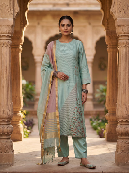 Semi Stitched Chanderi Formal Suitset