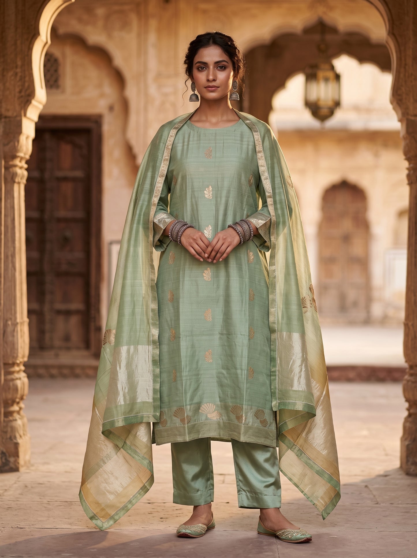 Semi Stitched Chanderi Formal Suitset