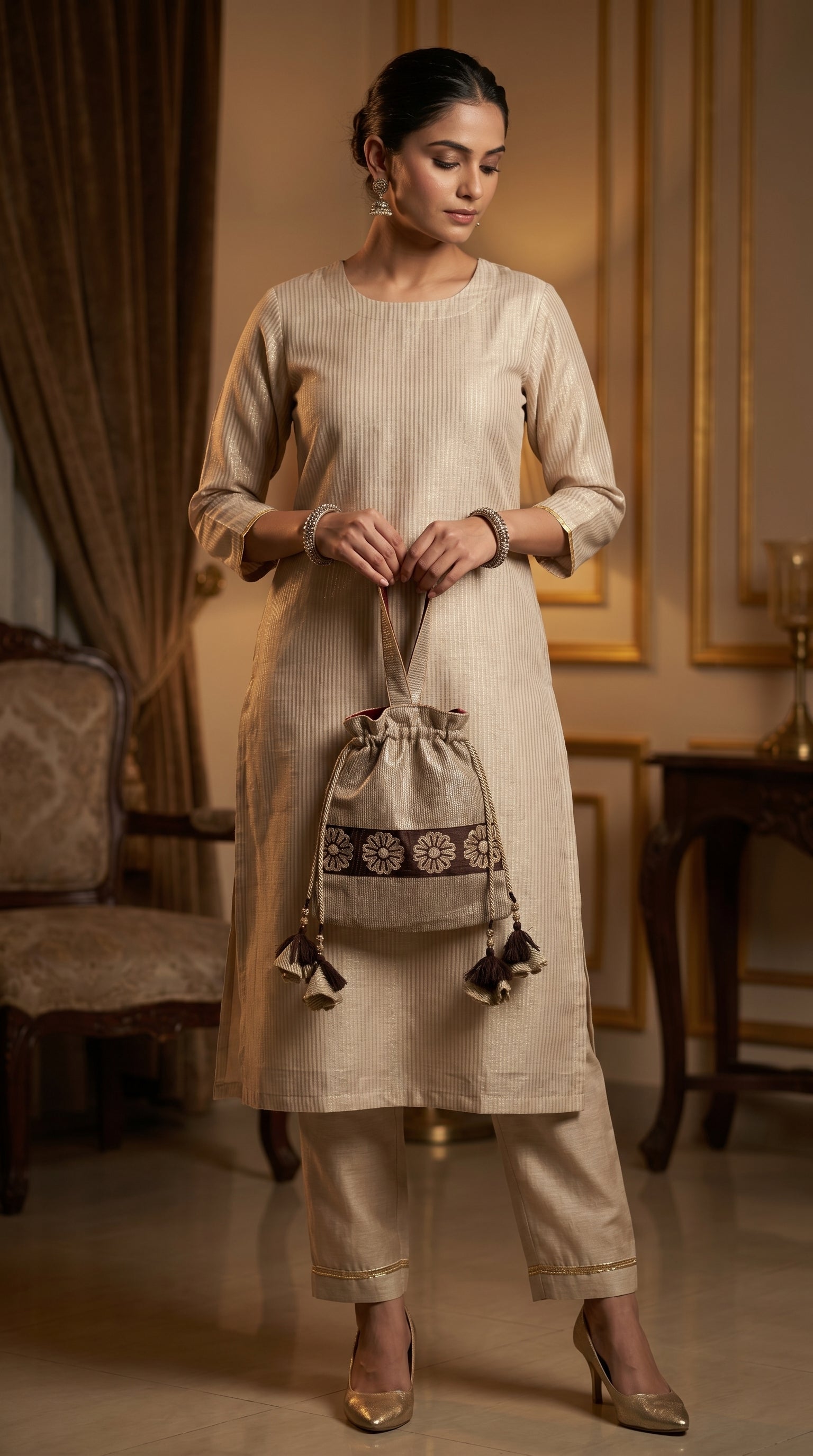 Woman in beige traditional outfit with a matching handbag in an elegant room.