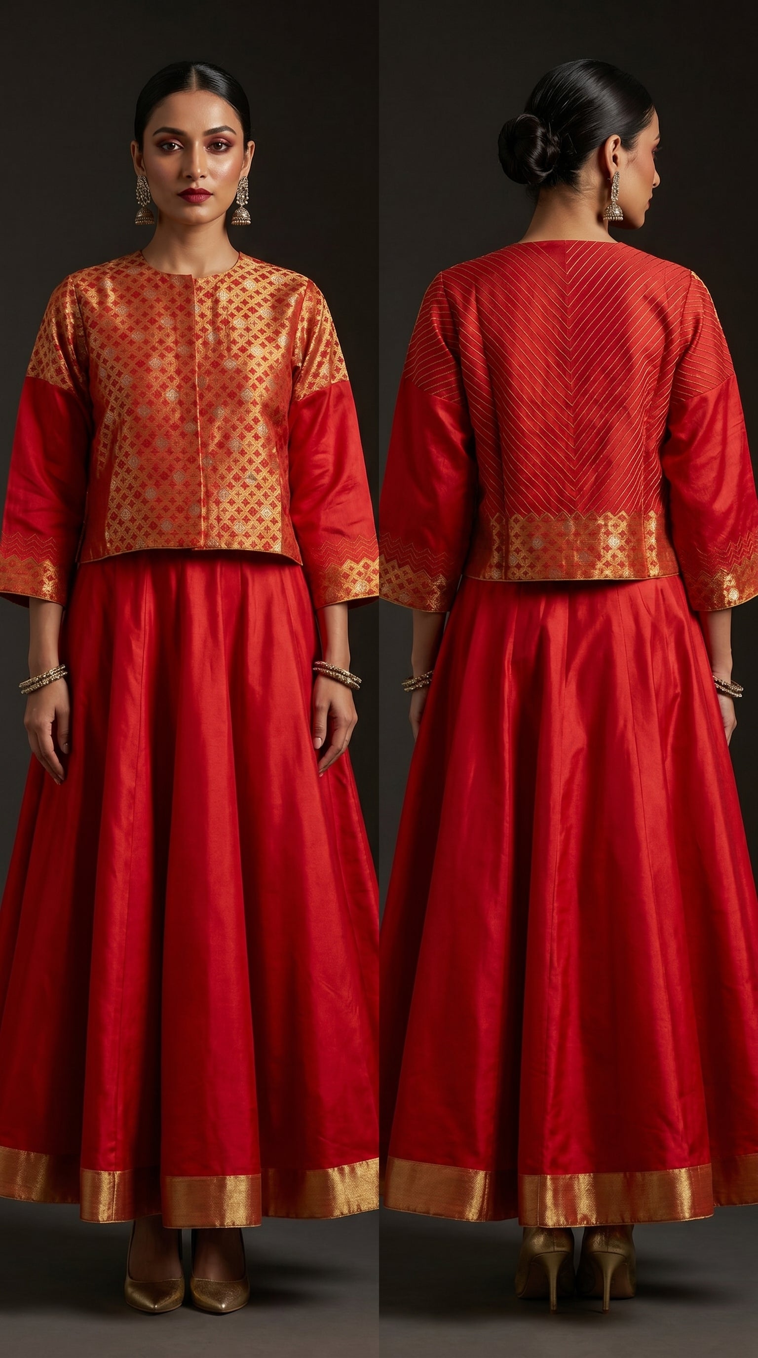 Red traditional blouse with gold patterns worn by a model on a dark background