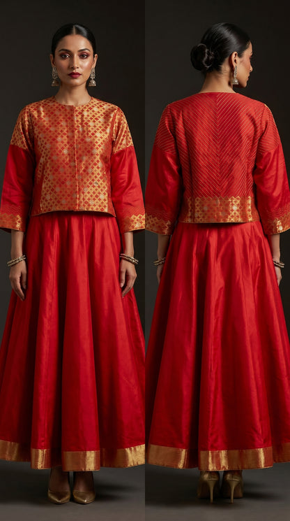 Red traditional blouse with gold patterns worn by a model on a dark background
