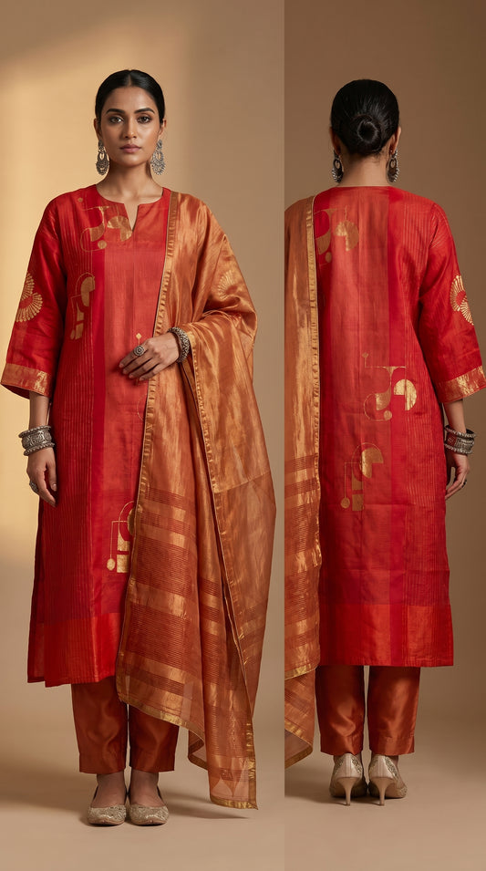 Woman wearing a traditional red and orange kurta with a matching dupatta, shown from front and back.