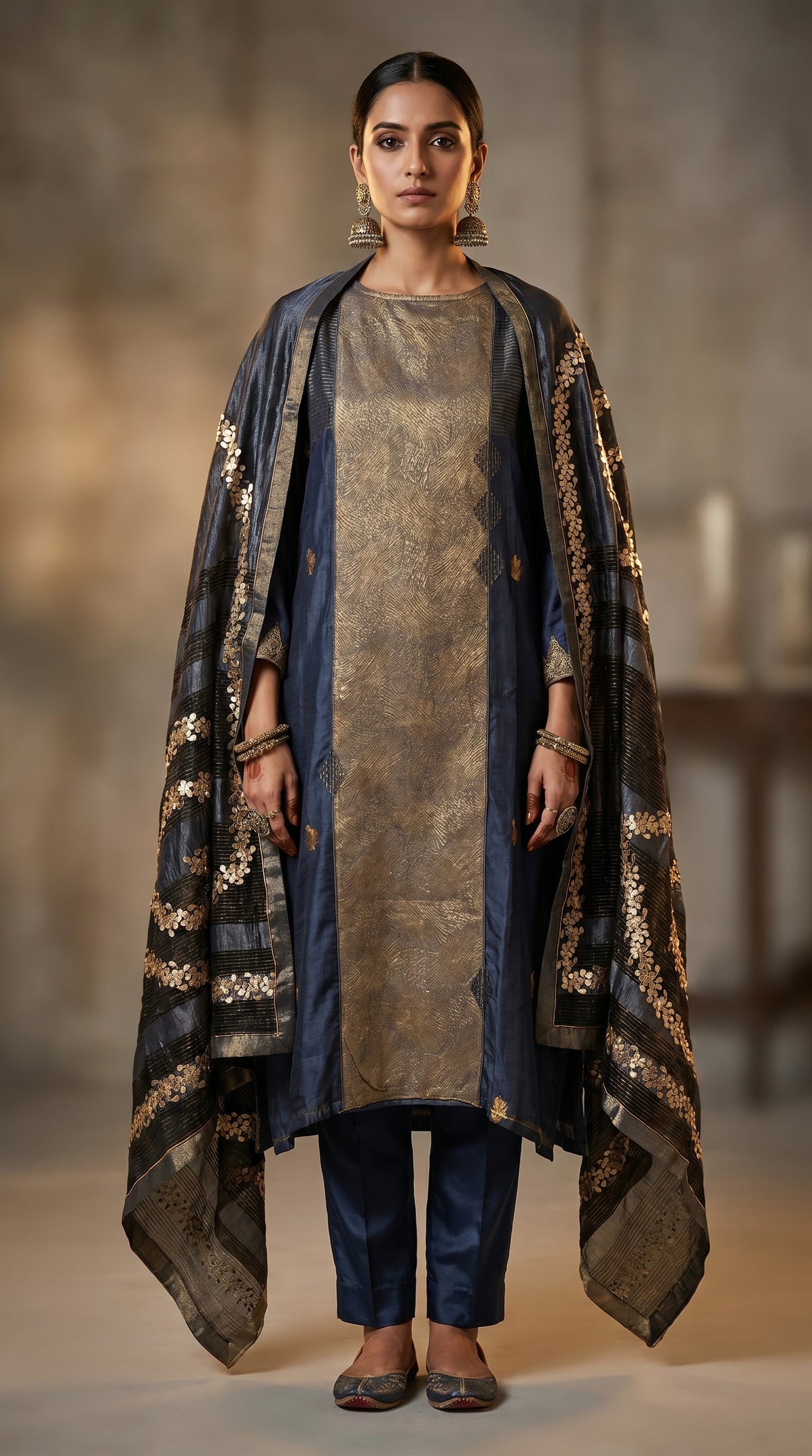 Woman wearing a traditional kurta with a long embroidered  and pants on a neutral background.