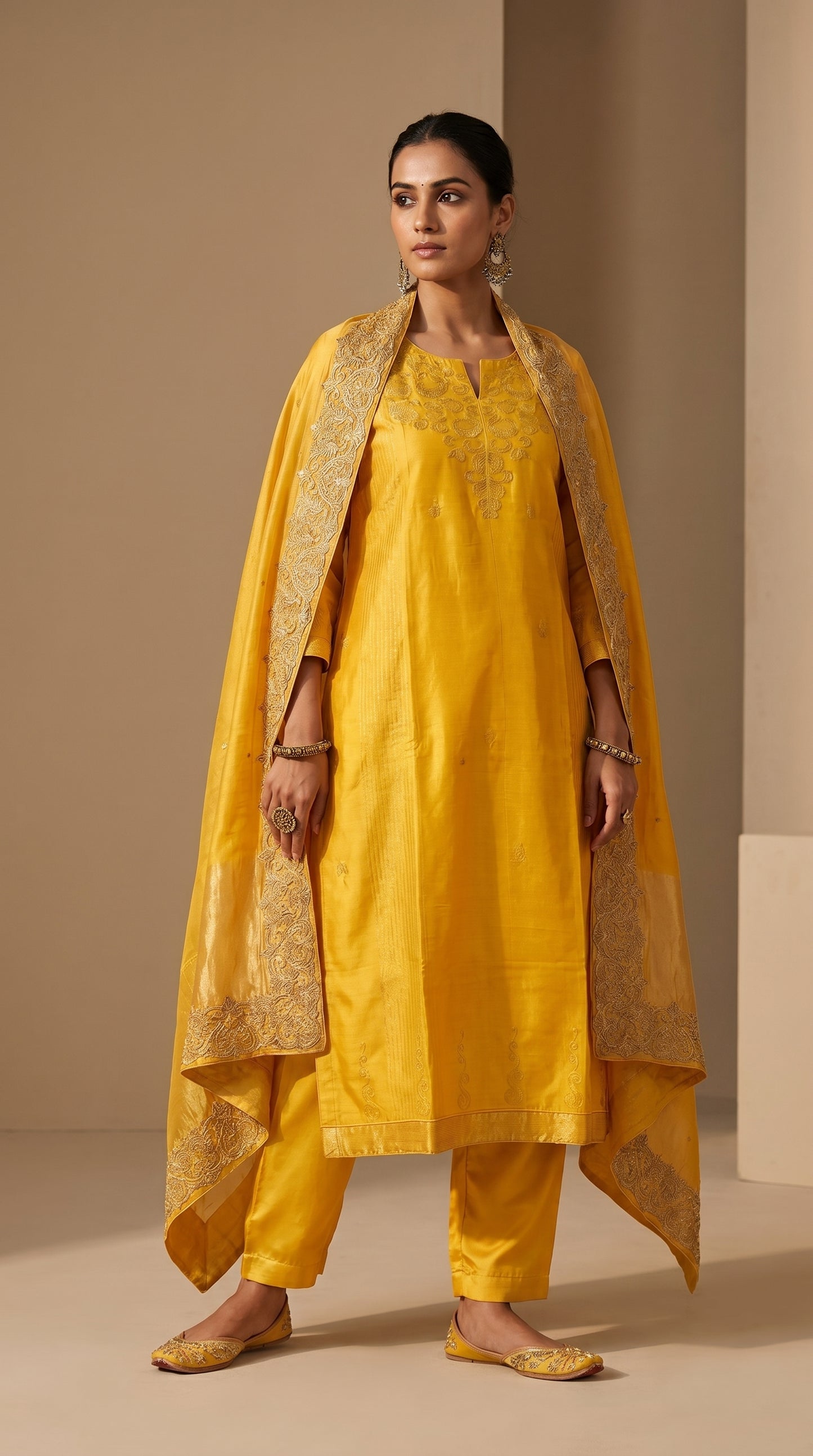 Woman wearing a yellow traditional  suit with a beige background
