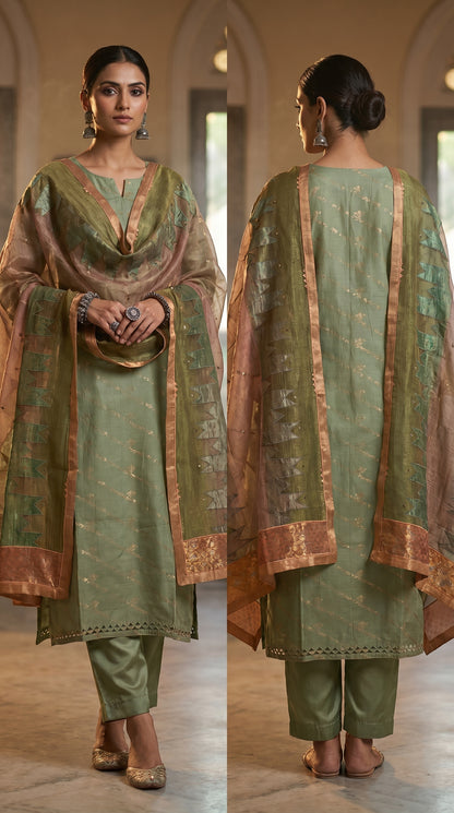 Green kurta and brown dupatta on a white background
