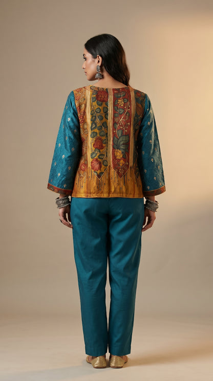 Woman wearing a traditional outfit with a colorful back design on a beige background