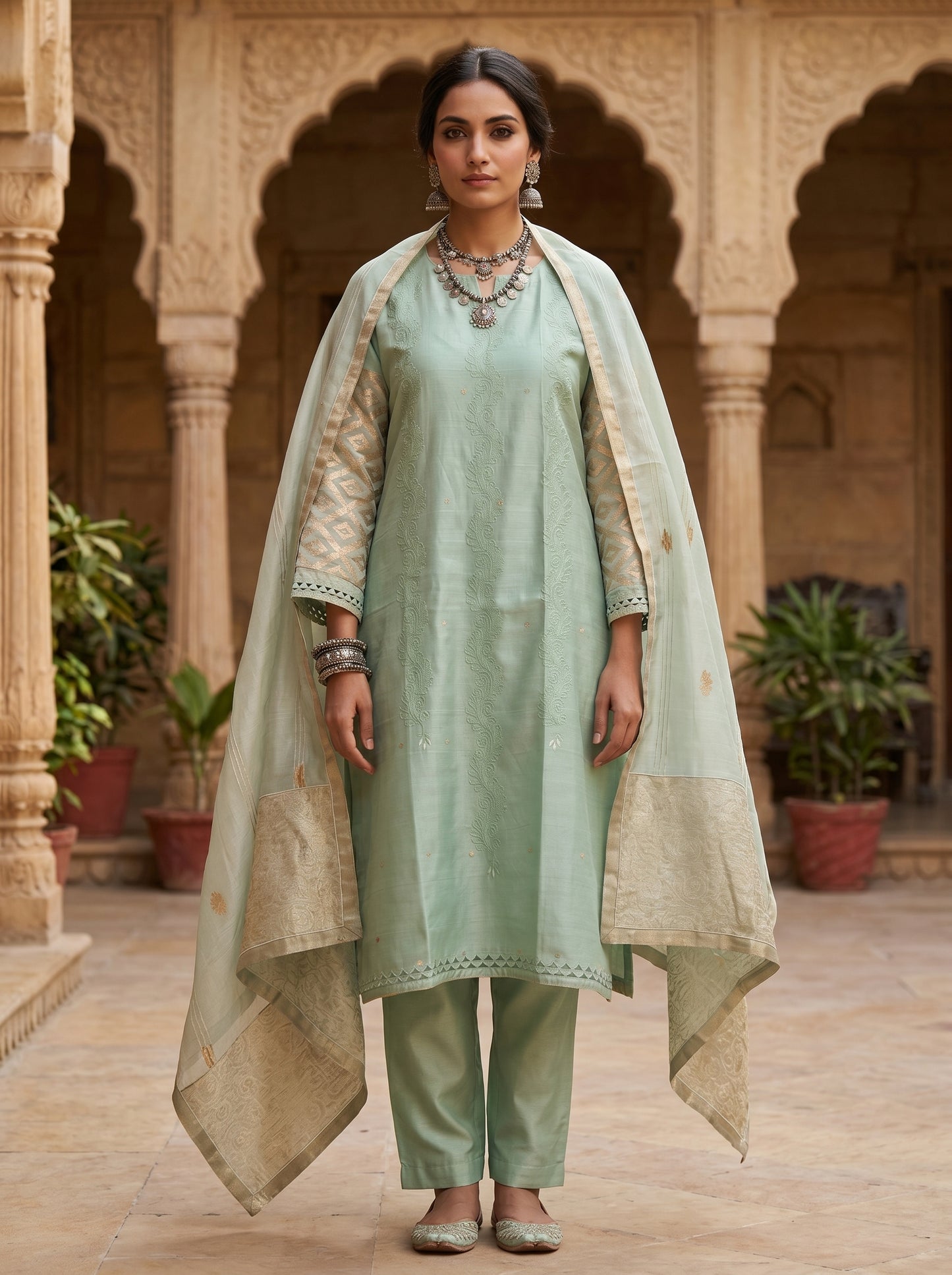 Semi Stitched Chanderi Formal Suitset
