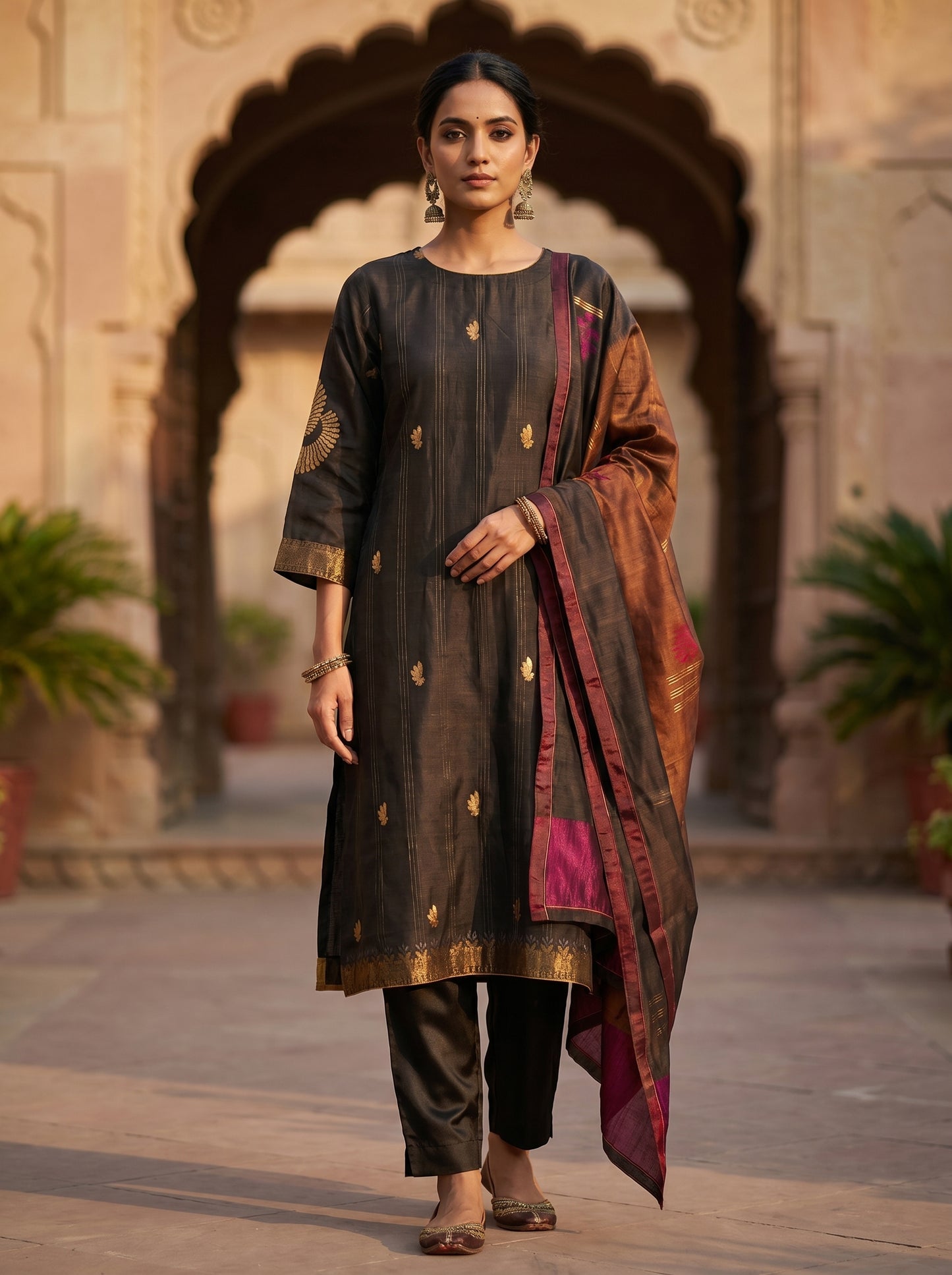 Semi Stitched Chanderi Formal Suitset