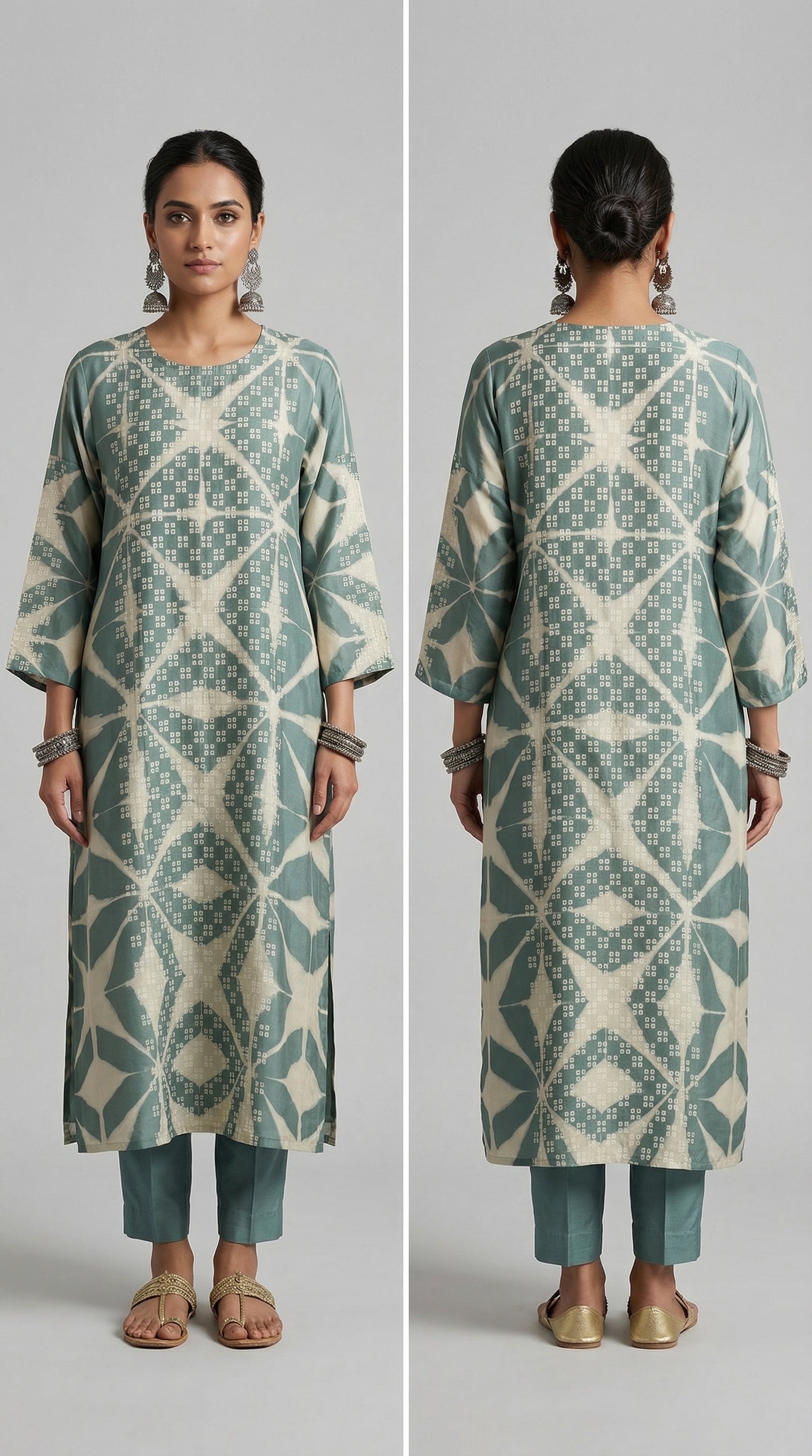 Woman wearing a patterned kurta with pants, shown from front and back, on a light gray background.
