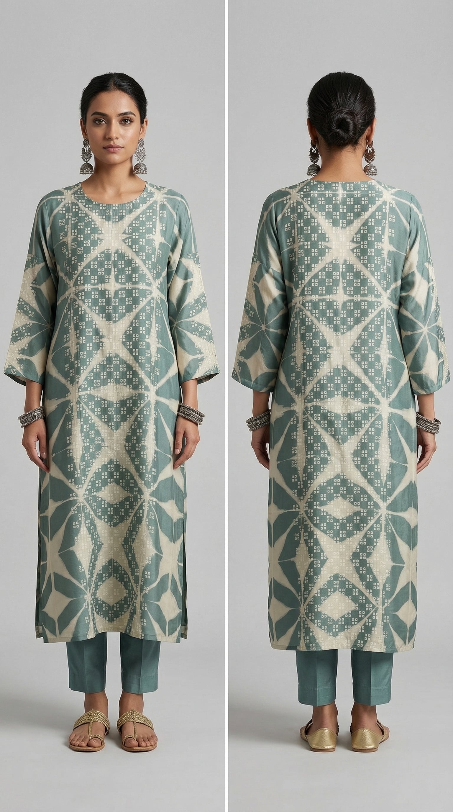 Woman wearing a patterned kurta with pants, shown from front and back, on a light gray background.