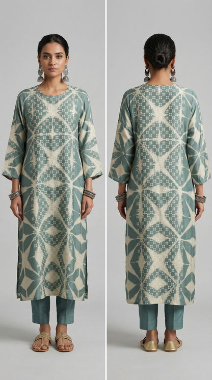 Woman wearing a patterned kurta with pants, shown from front and back, on a light gray background.