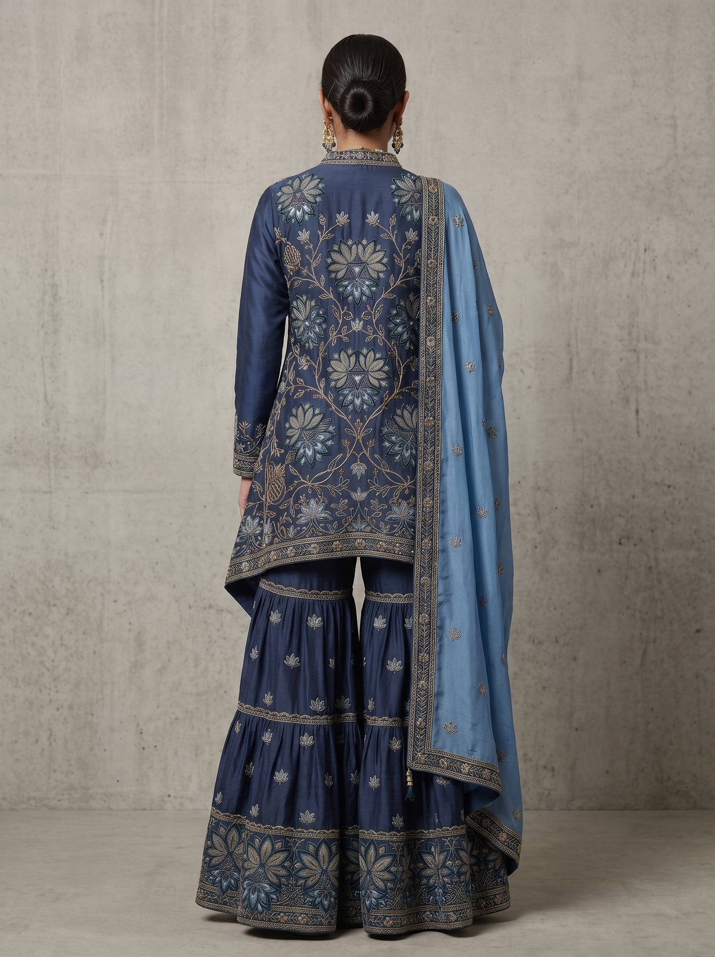 Midnight Blue Embroidered Georgette | Couture Sharara Set
