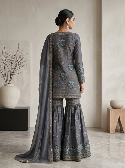 Midnight Peacock Embroidered Georgette | Couture Sharara Set