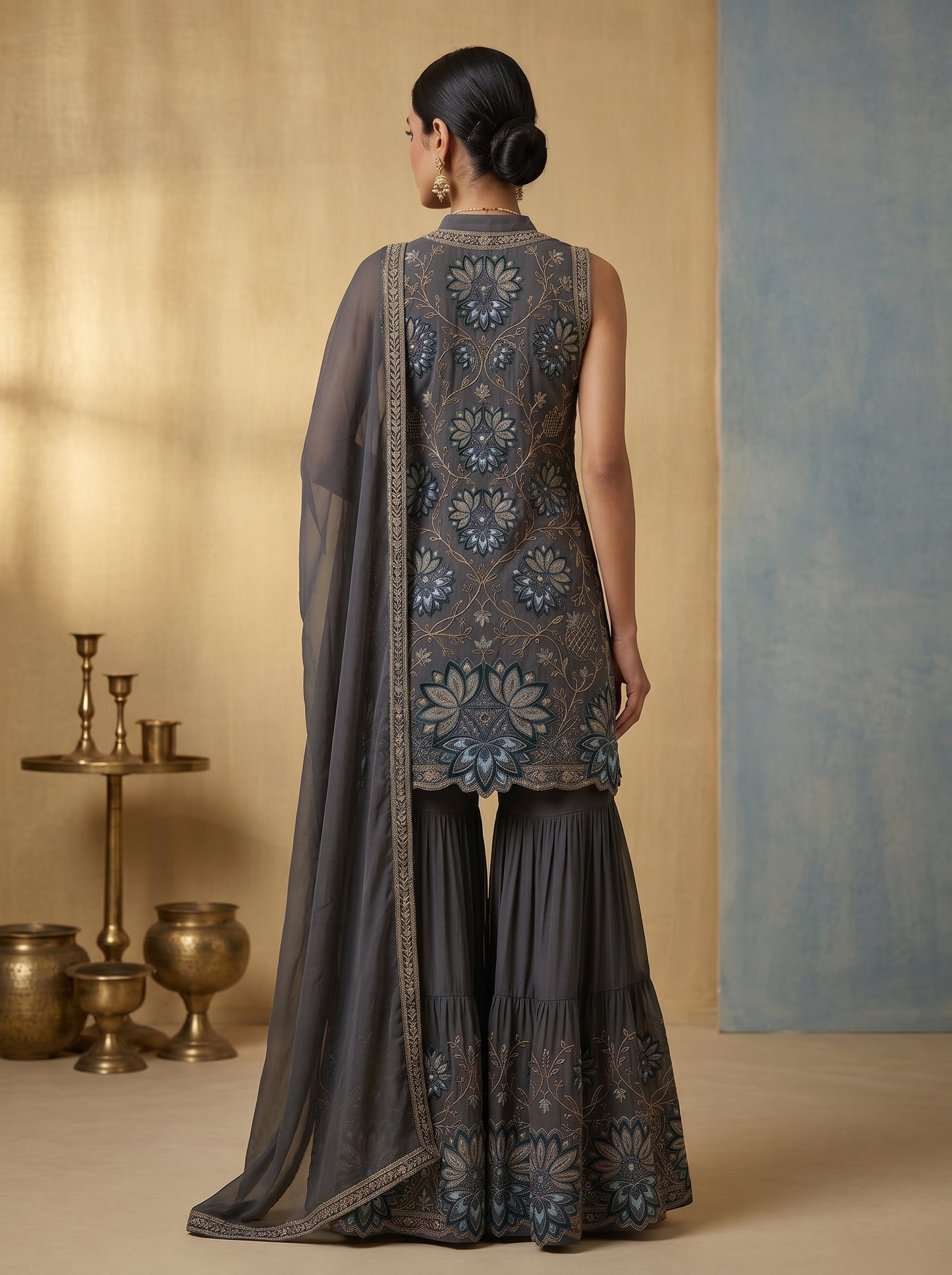 Midnight Bloom Embroidered Georgette  | Couture Sharara Set