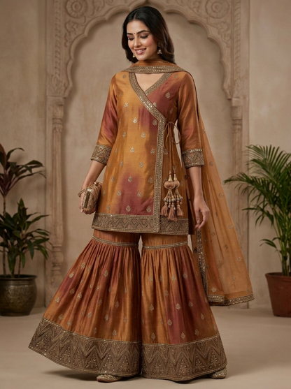Embroidered Georgette Angrakha Style | Couture Sharara Set