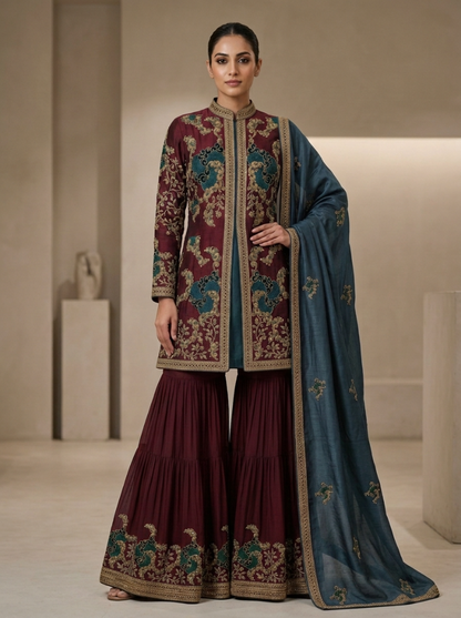 Midnight Teal Embroidered Georgette | Couture Sharara Set