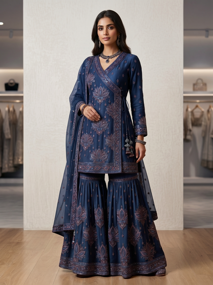 Lotus Embroidered Angrakha| Couture Sharara Set