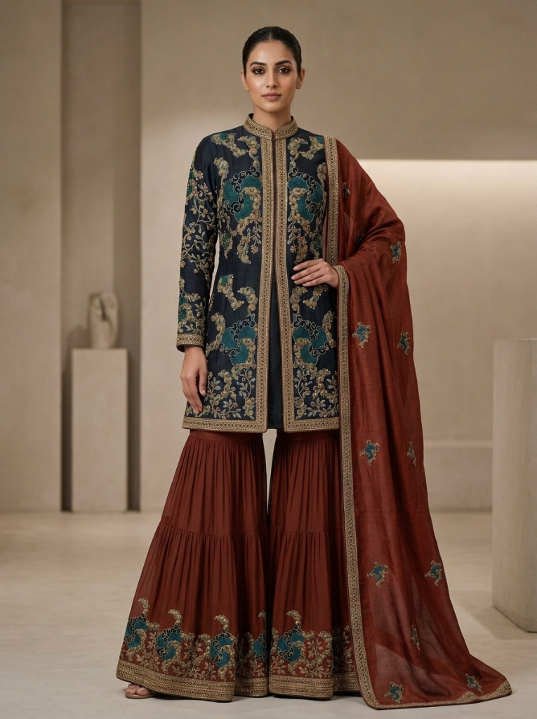 Midnight Teal Embroidered Georgette | Couture Sharara Set