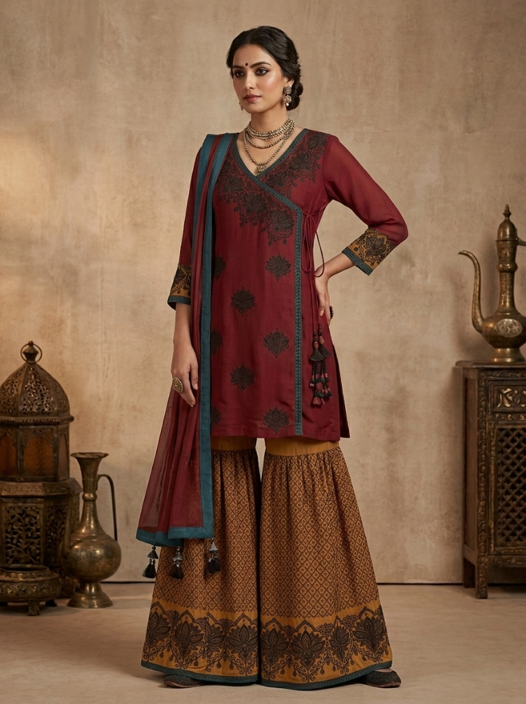 Heritage Maroon Angrakha  | Couture Sharara Set