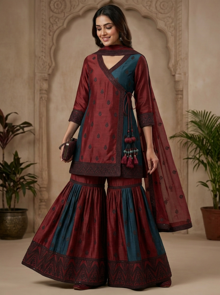 Embroidered Georgette Angrakha Style | Couture Sharara Set
