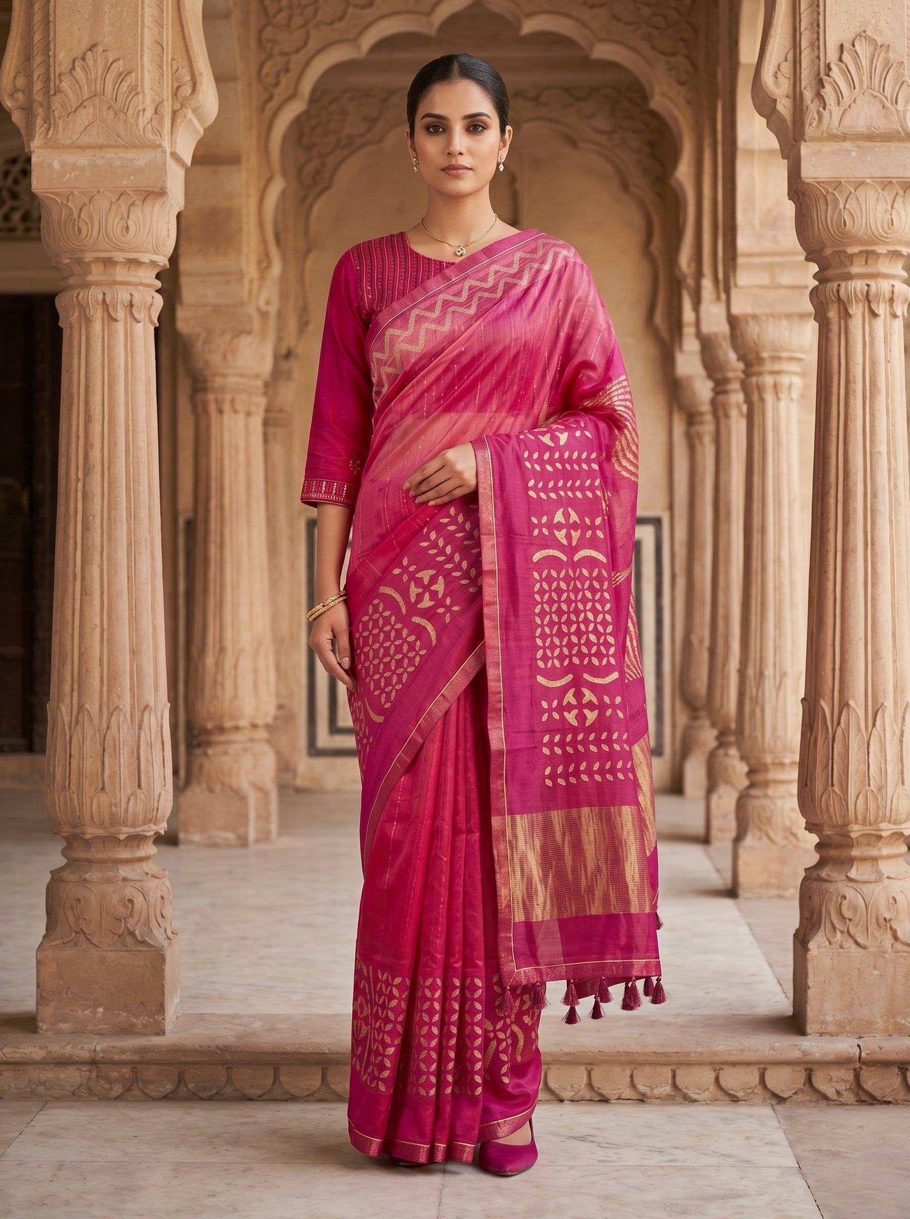 Woman in a pink saree standing in an architectural setting