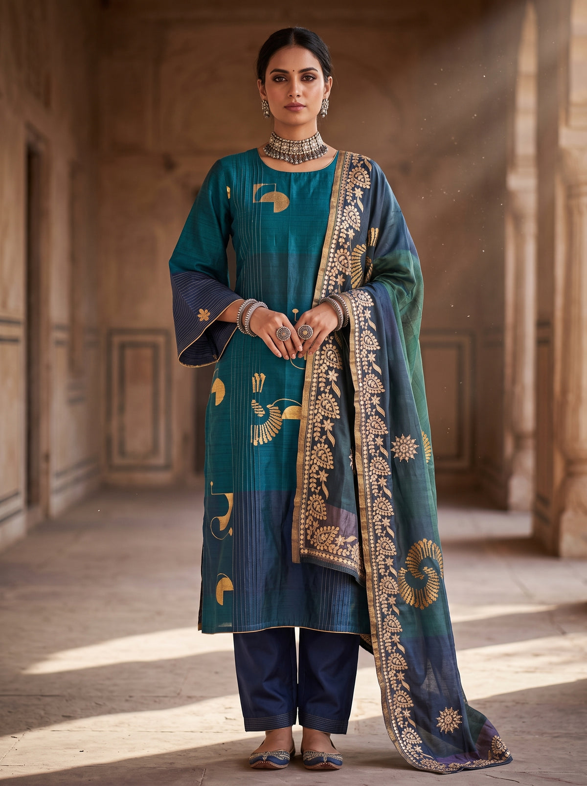 Semi Stitched Chanderi Formal Suitset