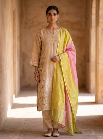 Semi Stitched Chanderi Formal Suitset