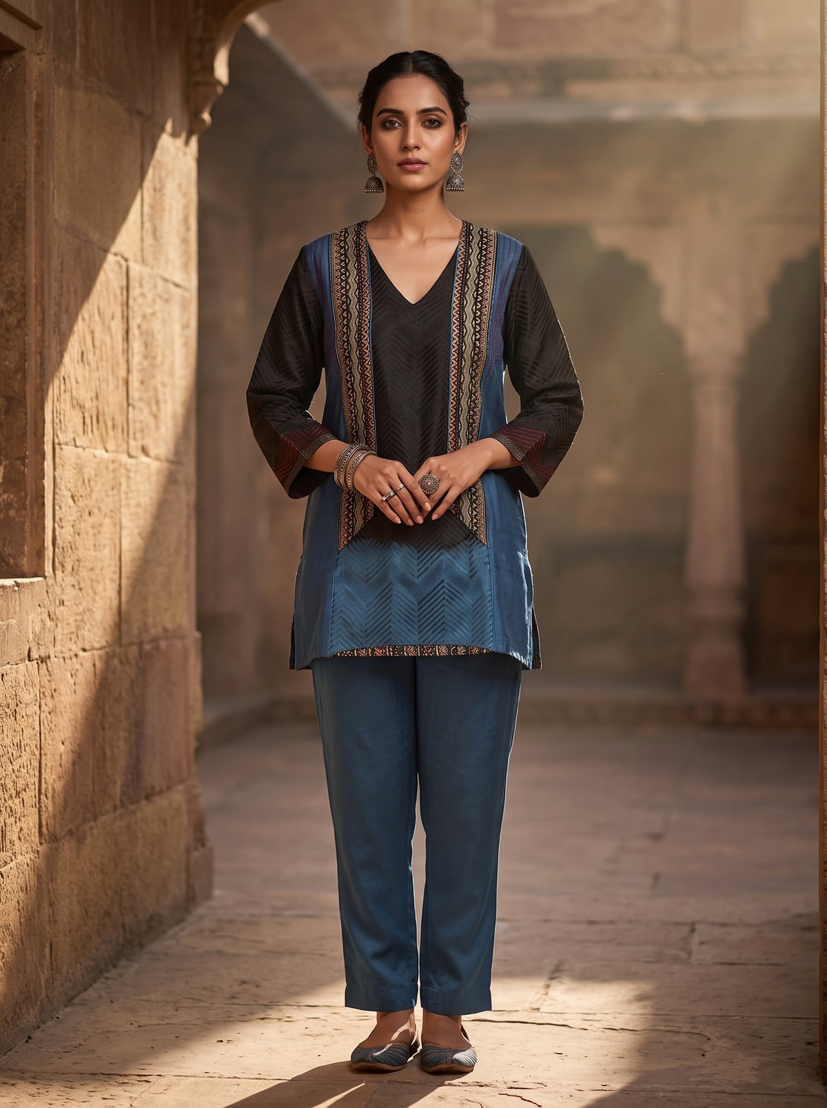 Semi Stitched Chanderi Ajrak Short Tunic