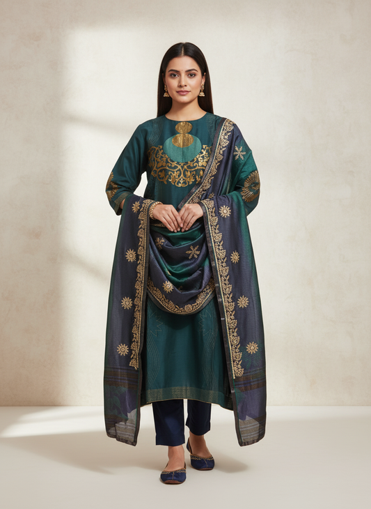 Semi Stitched Chanderi Formal Suitset
