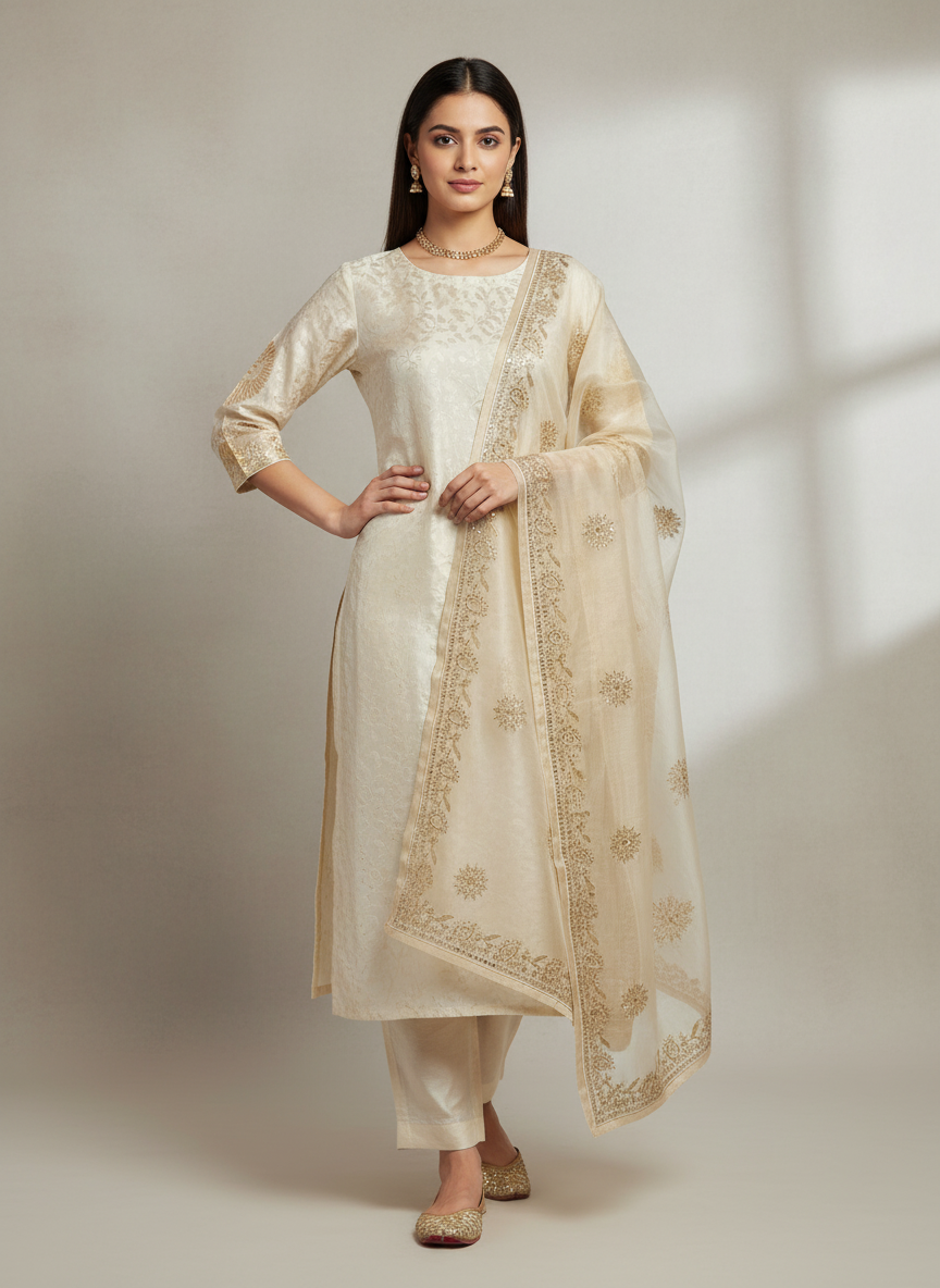 Semi Stitched Chanderi Formal Suitset