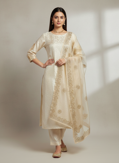 Semi Stitched Chanderi Formal Suitset