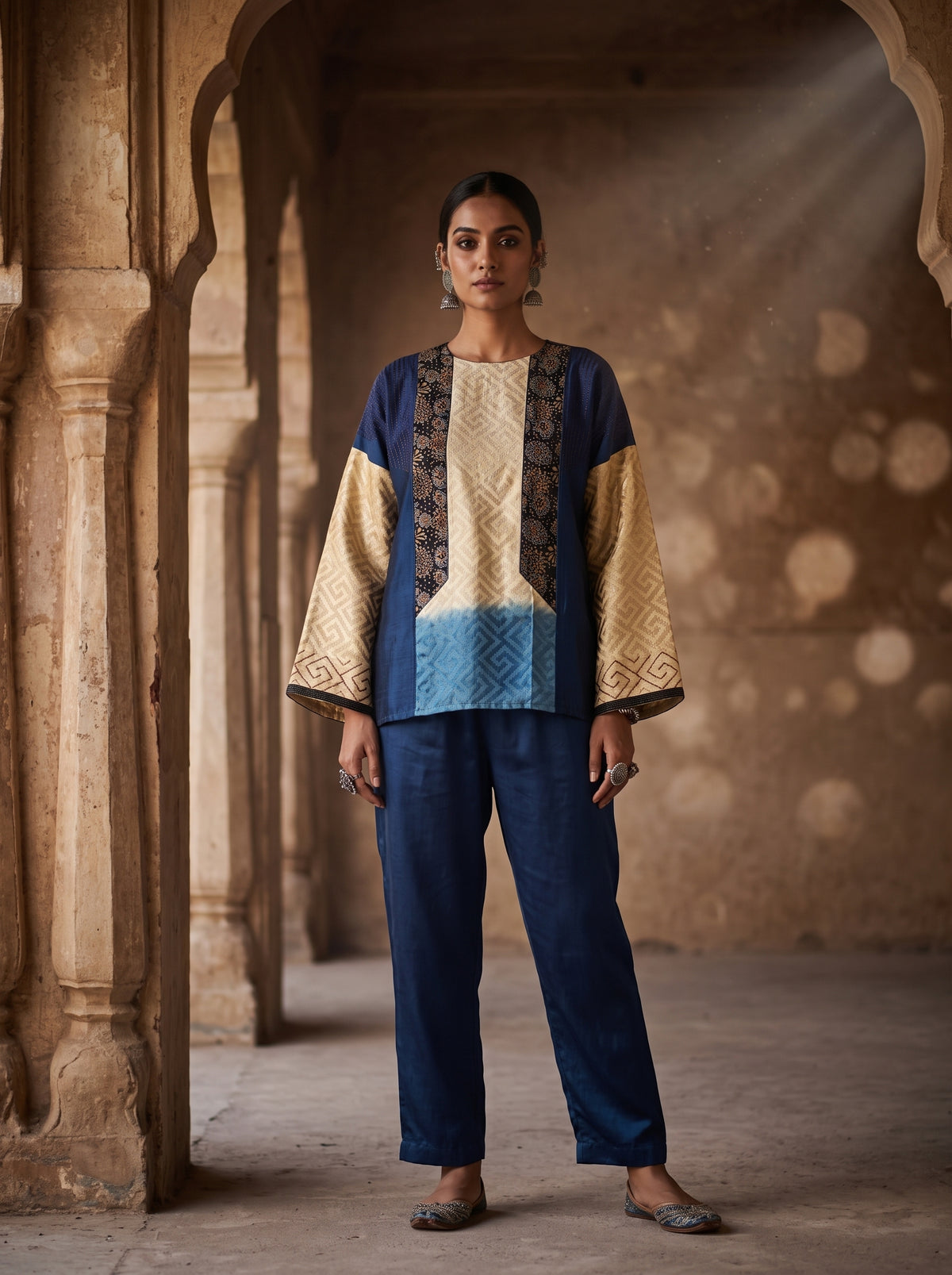 Semi Stitched Chanderi Ajrak Short Tunic