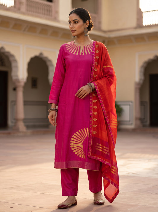 Semi Stitched Chanderi Formal Suitset