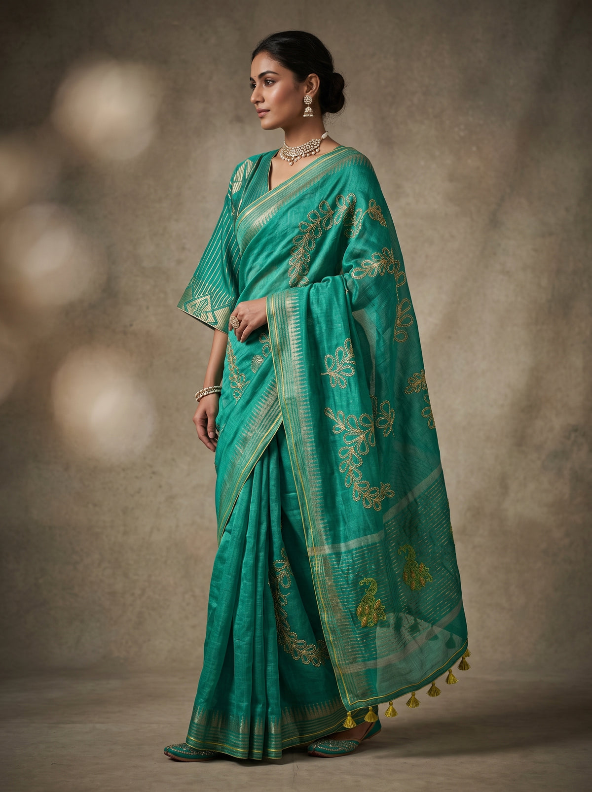 Formal silk linen embroidered Saree