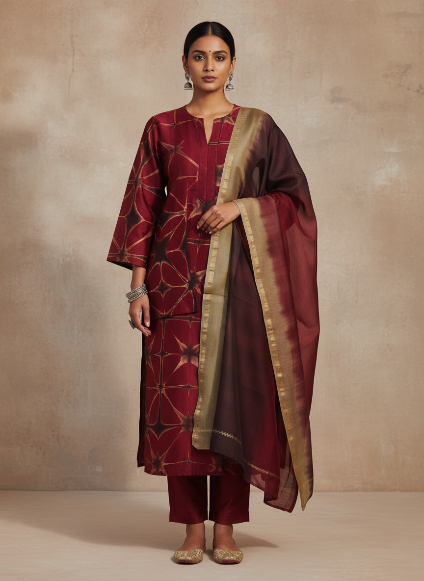 Woman wearing a maroon traditional outfit with a beige background