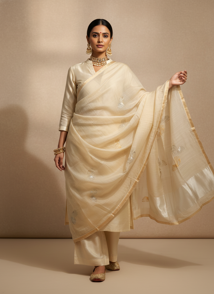 Woman wearing a cream suit with a plain background