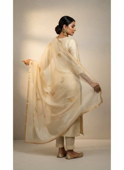 Woman wearing a traditional suit against a neutral background
