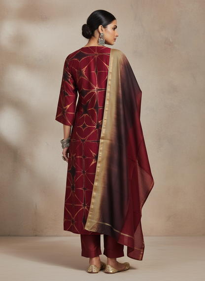 Woman wearing a maroon traditional outfit with a against a beige background