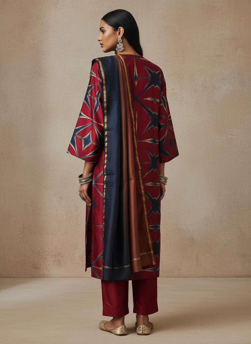 Woman wearing a traditional outfit with a chanderi dupatta against a beige background