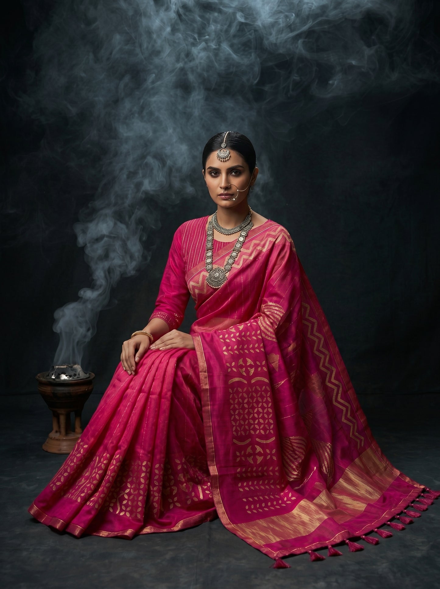 Woman in a pink saree with gold patterns a dark background with smoke.