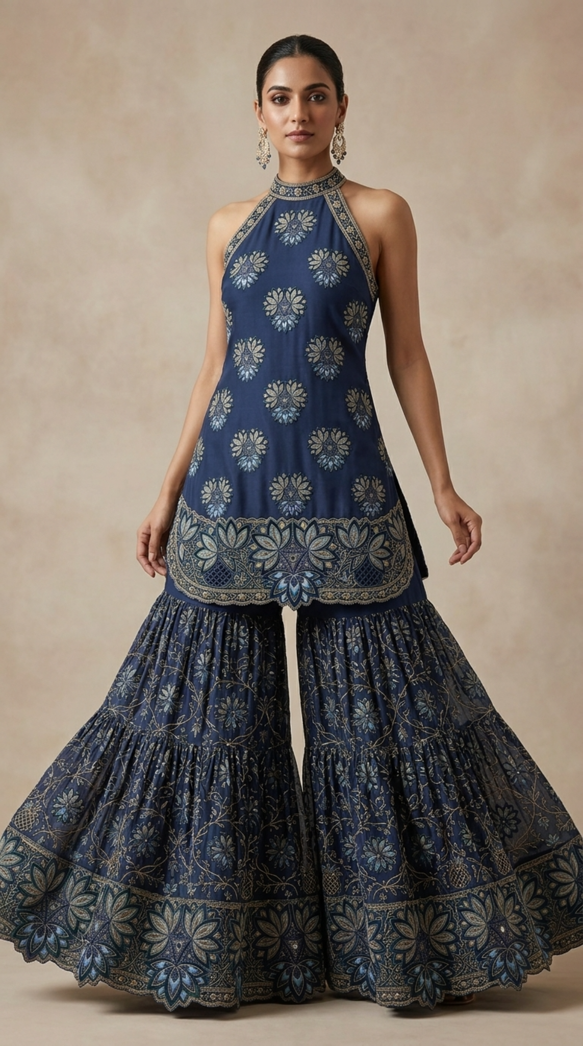 Midnight Blue Embroidered Georgette | Couture Sharara Set