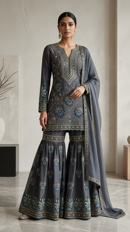 Midnight Peacock Embroidered Georgette | Couture Sharara Set