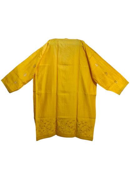 Yellow kurta with floral patterns on a white background